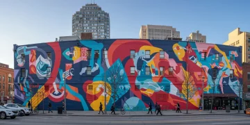 Panoramic mural on a city building, vibrant colors, urban art scene 2025