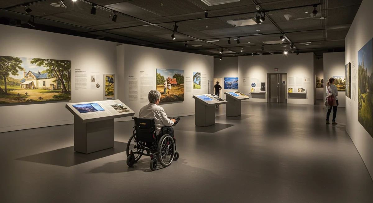 Person in power wheelchair exploring accessible museum exhibit