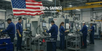 American factory workers with modern machinery and American flag, representing 2025 manufacturing tax savings.