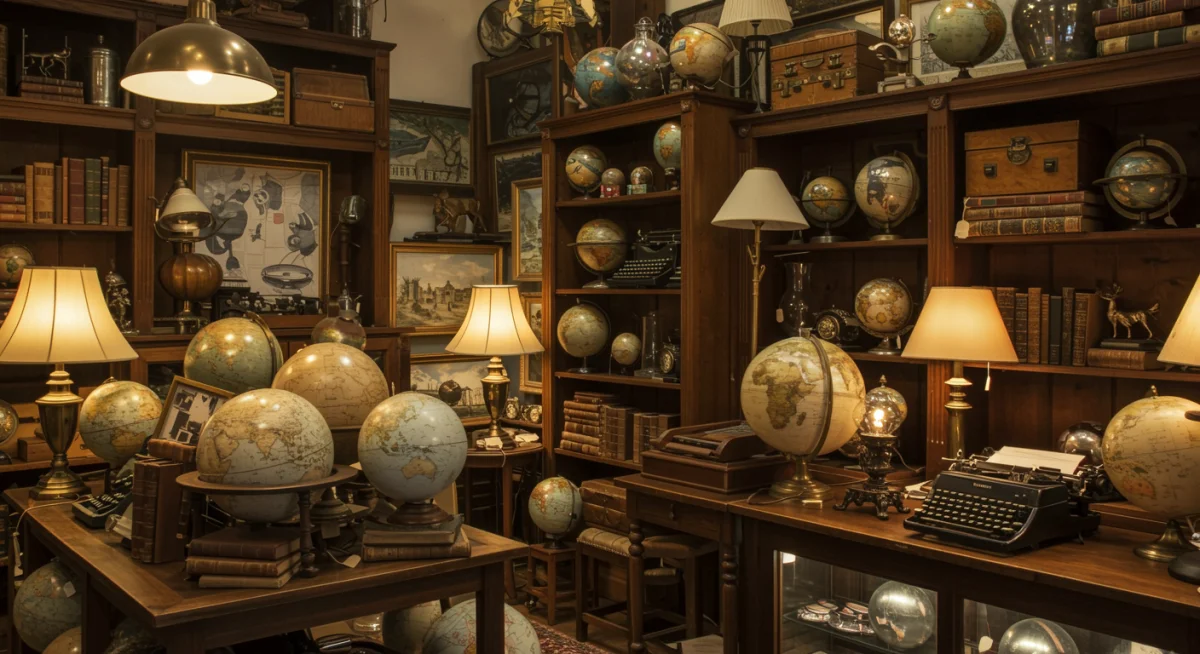 Interior of antique shop with vintage globes, typewriters, and books