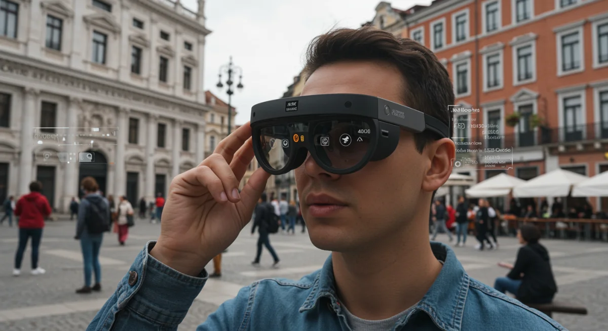 Person using augmented reality glasses for city exploration