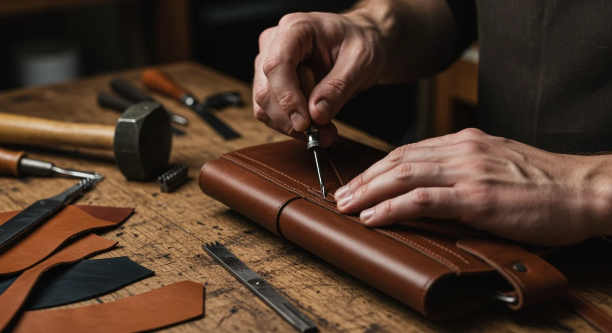Artisan's hands crafting a unique leather product, highlighting precision and traditional techniques.