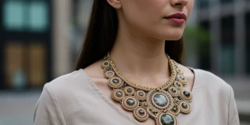 Future Fashion: 5 Unique Accessories to Boost US Sales by 20% in 2025 Woman wearing an artisan statement necklace, representing unique fashion