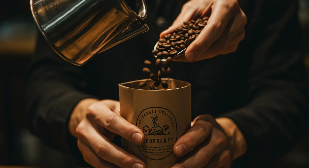 Hands bagging freshly roasted coffee beans from an independent roaster