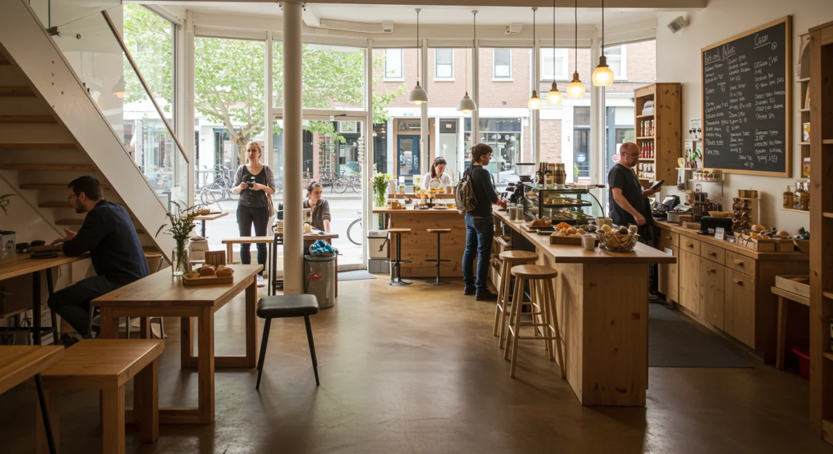 Cozy interior of a unique artisanal coffee shop, highlighting local business charm and modern design.