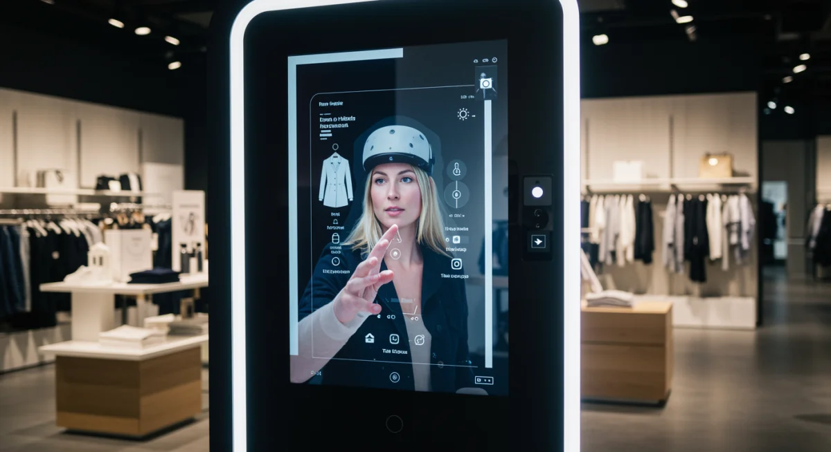 Customer using augmented reality mirror in a retail store for interactive product try-on