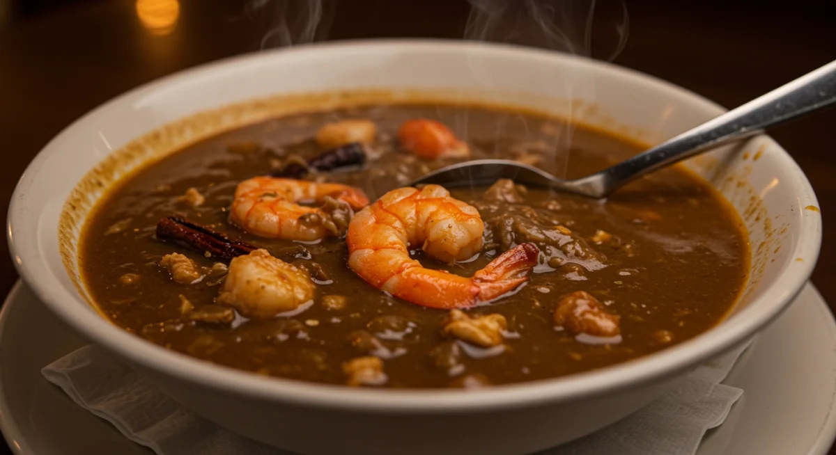 Close-up of a steaming bowl of authentic Louisiana Gumbo in a rustic setting, emphasizing rich flavors.