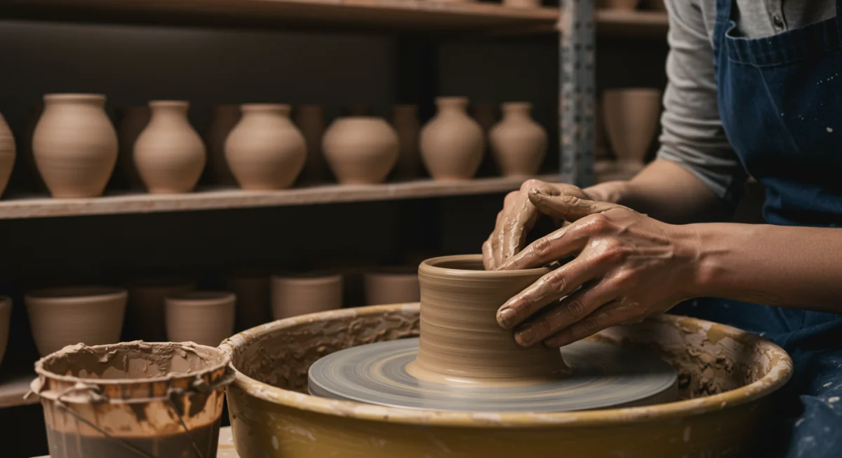 Skilled hands shaping clay on a potter's wheel, surrounded by artisanal ceramic creations.