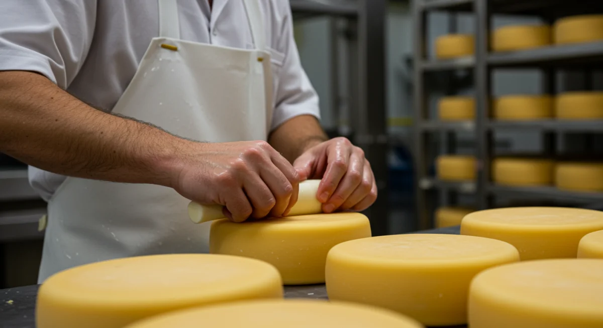 Artisan cheese maker crafting a wheel of fresh cheese with dedication.