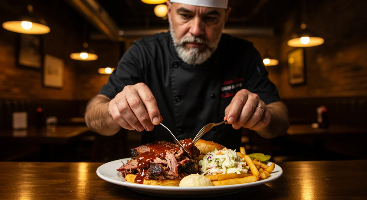 Chef plating authentic Southern barbecue in a rustic restaurant setting