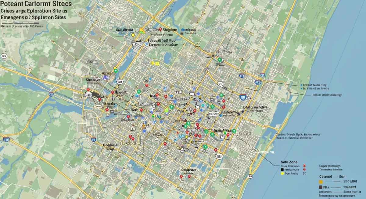 City map highlighting safe zones and potential urban exploration sites for planning.