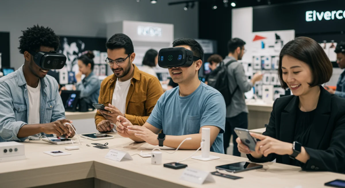 Consumers interact with innovative tech gadgets in a modern retail space