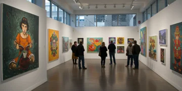 Interior of a modern art gallery showcasing diverse local artworks