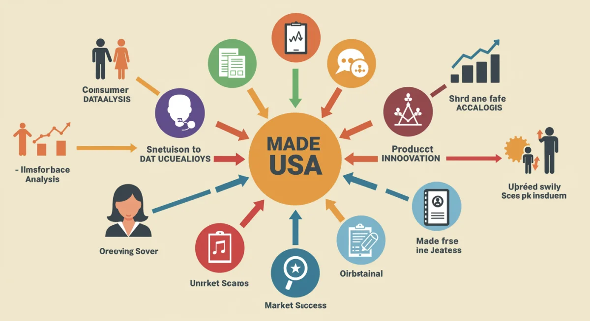 Infographic showing data analysis leading to Made in USA product innovation.