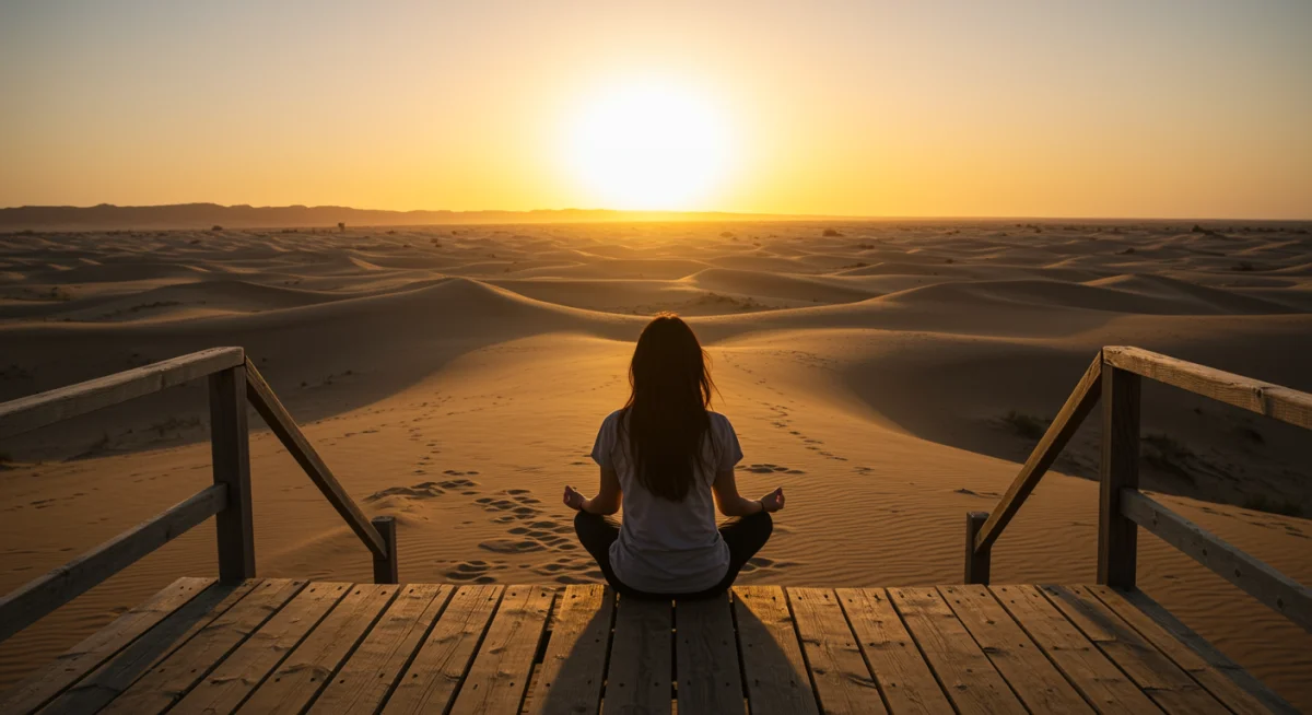 Person meditating at sunrise in desert wellness retreat