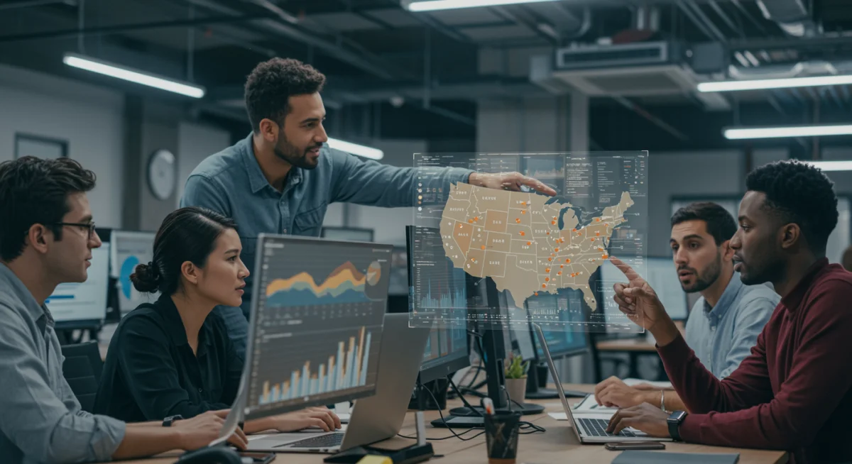 Team collaborating on digital market expansion strategies