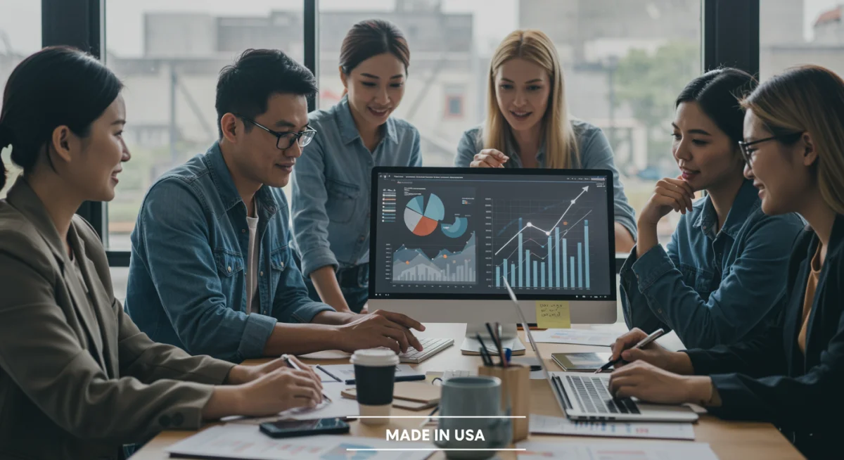 Business team analyzing digital marketing data for Made in USA products.