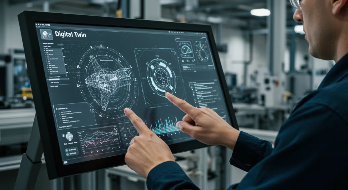 American technician using digital twin technology for manufacturing optimization