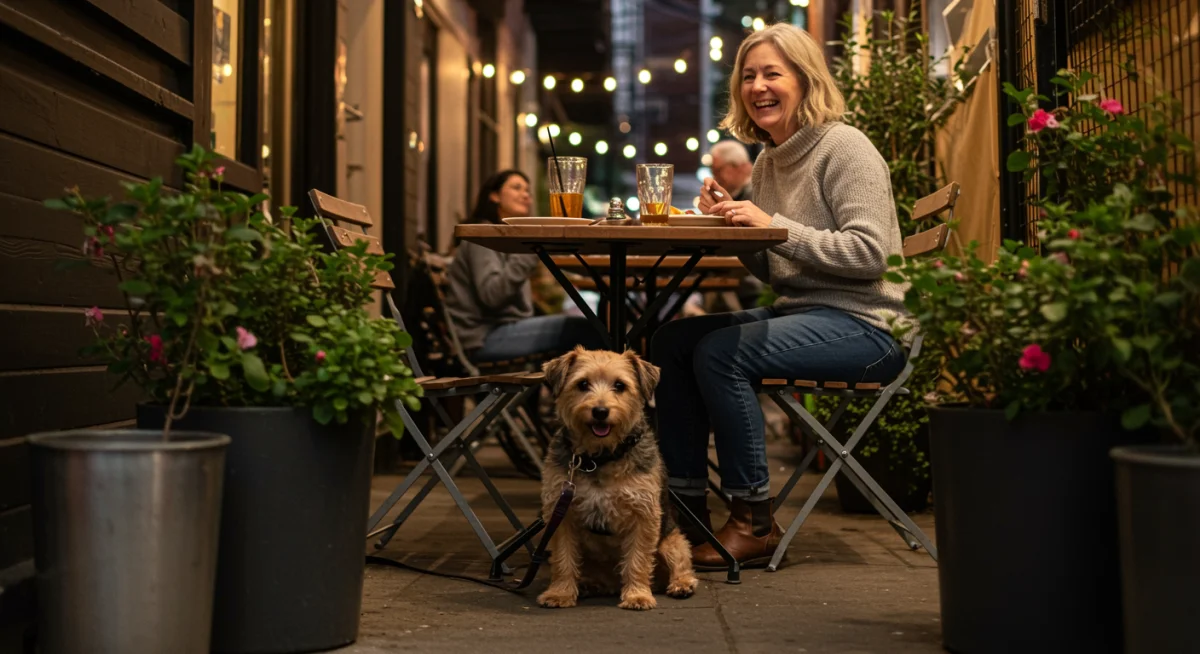 Small dog relaxing under a table at a pet-friendly outdoor cafe patio