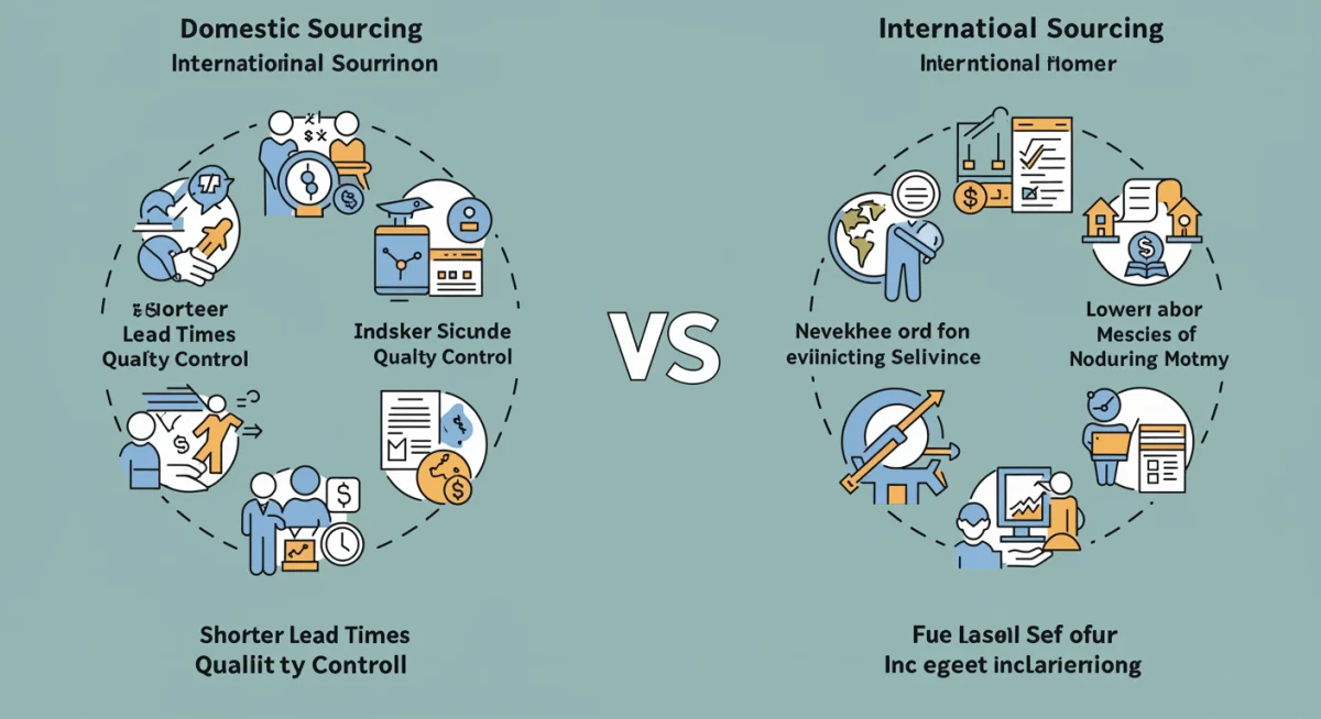 Infographic comparing domestic versus international sourcing benefits and challenges for businesses.