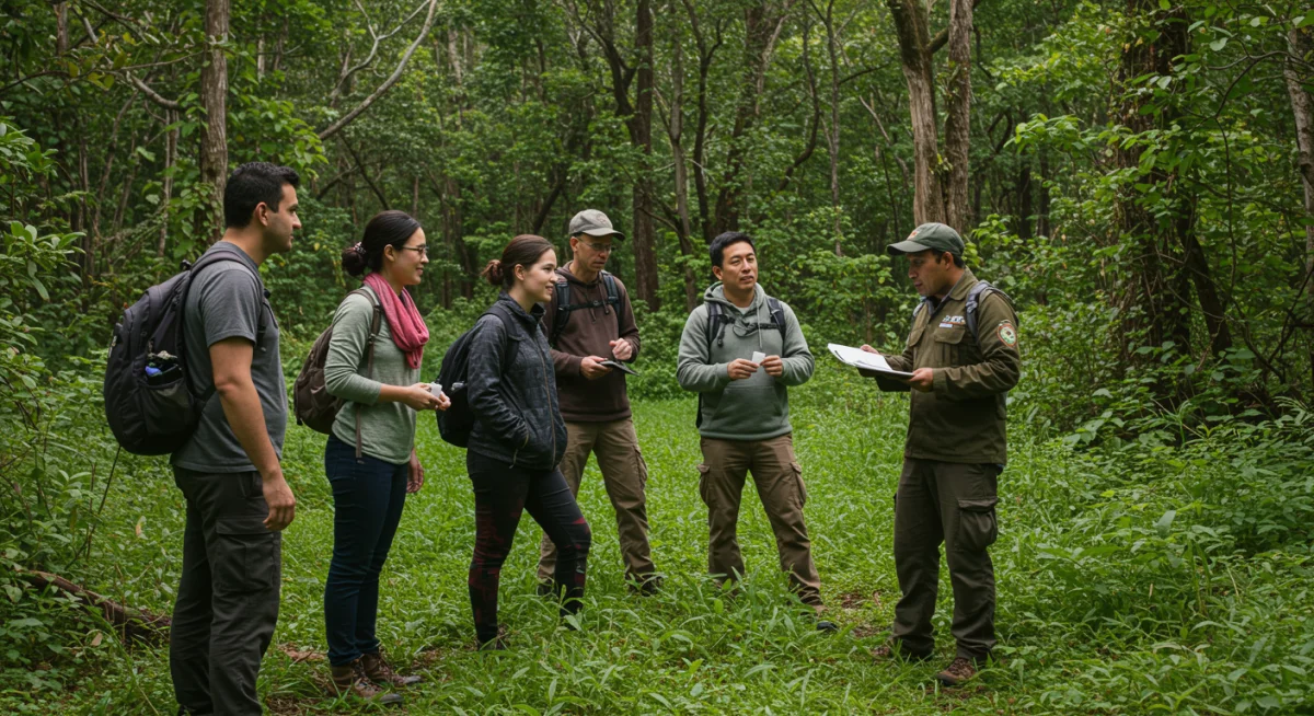 Eco-tourists on a guided nature walk in a biodiverse forest