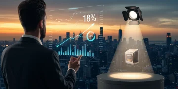 American entrepreneur analyzing financial data with 18% higher returns, unique product in foreground