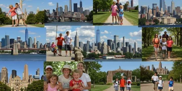 Diverse U.S. city skylines with families enjoying attractions, symbolizing family-friendly travel destinations.
