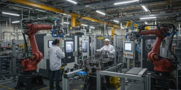 Futuristic American manufacturing plant with robots and human workers