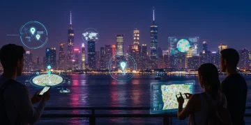 Futuristic cityscape with holographic city guide technology