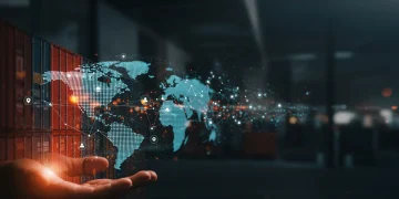 Global supply chain network with digital overlay, symbolizing secure inventory management