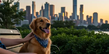 Pet-Friendly Urban Adventures 2025: U.S. City Guide Golden retriever and owner enjoying a pet-friendly urban park with city skyline view