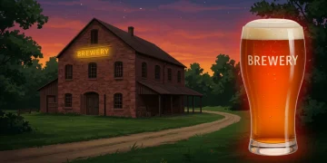 Rustic hidden craft brewery entrance with a glowing sign, surrounded by nature and a glass of craft beer in the foreground.