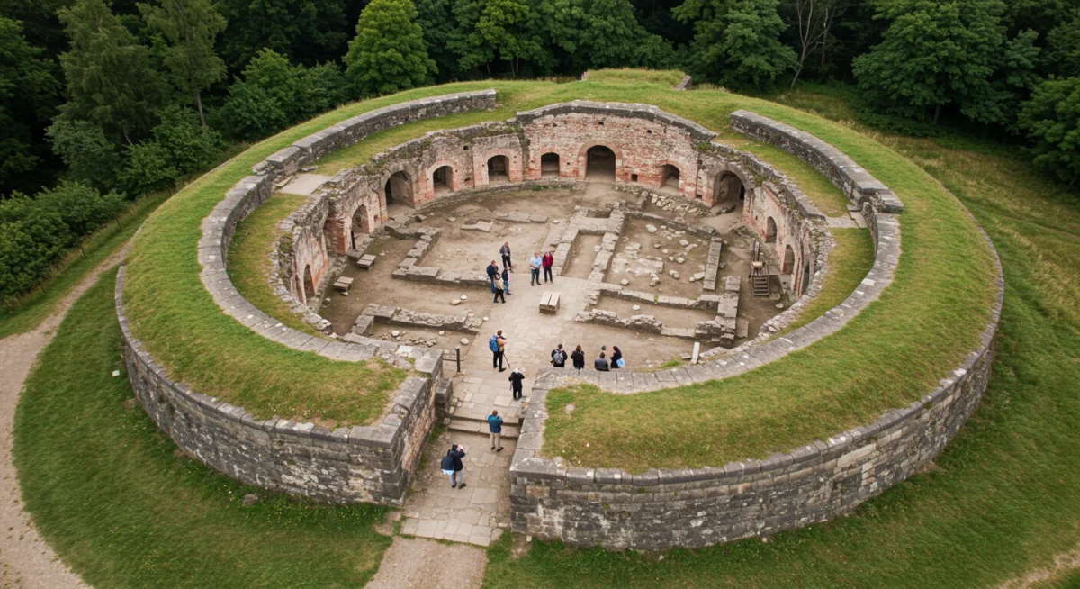 Aerial view of a lesser-known historic fort integrated into a natural landscape, with visitors on a guided tour.