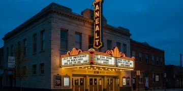 Historic independent theater facade at dusk with glowing marquee