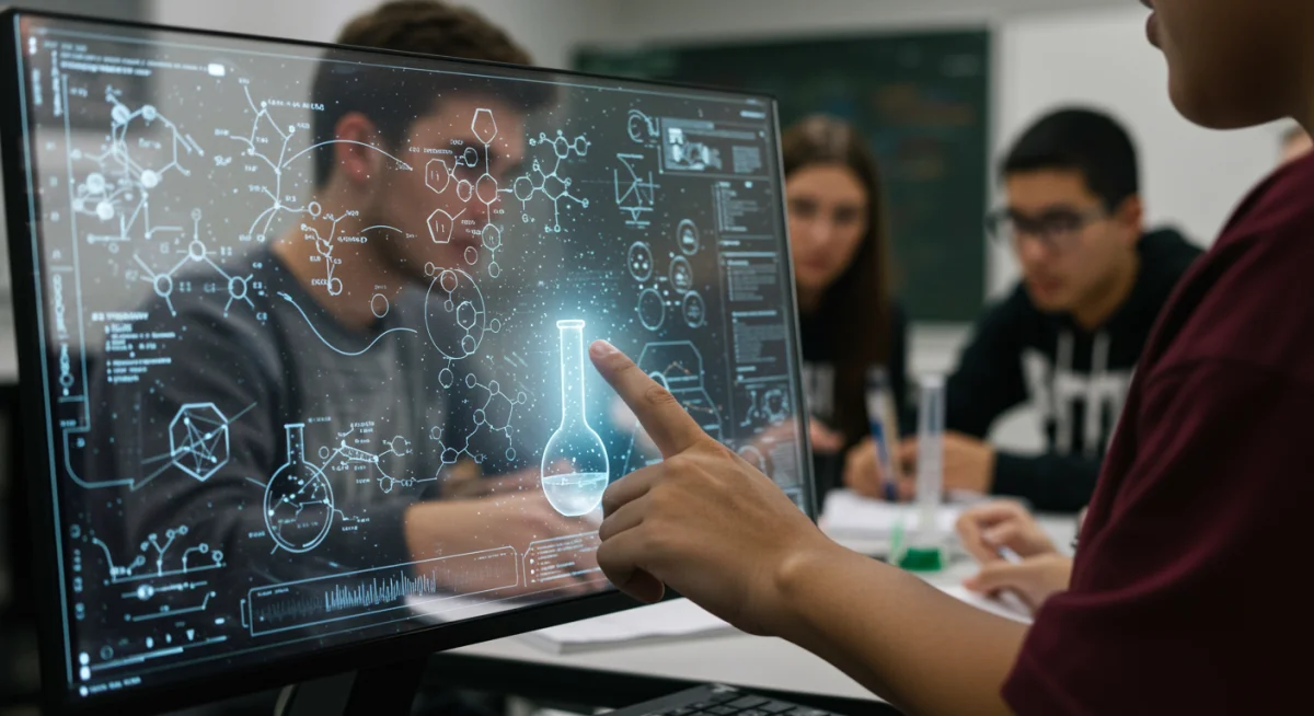Student interacting with holographic scientific models in a collaborative learning environment.