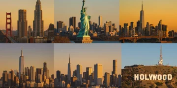 Iconic U.S. city landmarks collage, representing diverse travel destinations for first-time visitors.