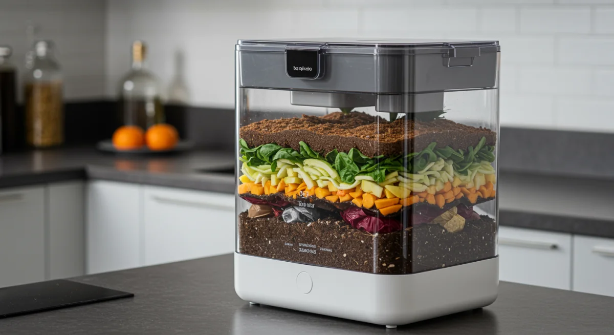 Elegant indoor composting system on a kitchen counter