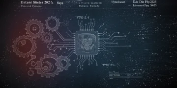 Illustration of gears, circuits, and a US patent document representing innovation protection in 2025.