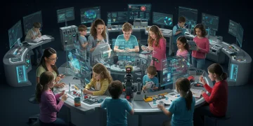 Diverse individuals engaged with innovative educational products, fostering curiosity and learning.