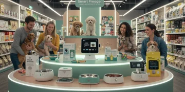Innovative pet products displayed in a modern pet store, highlighting future market trends.