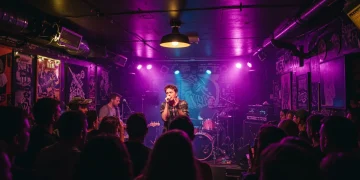 Intimate offbeat music venue with band performing live