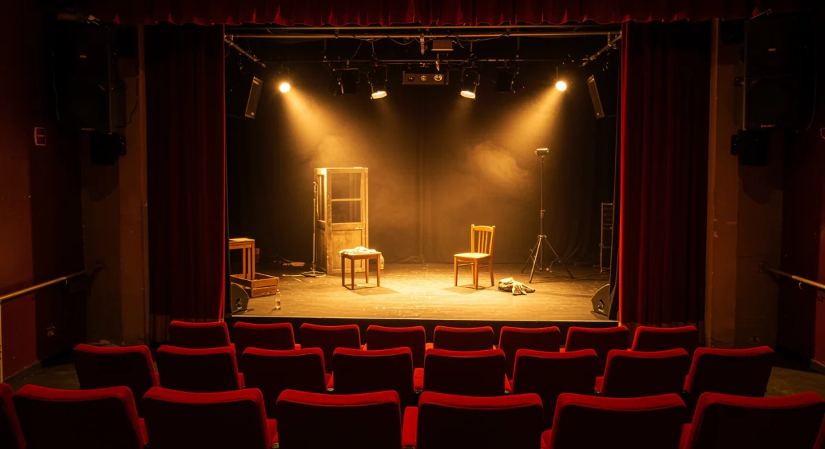 Intimate independent theater interior with red seats and stage