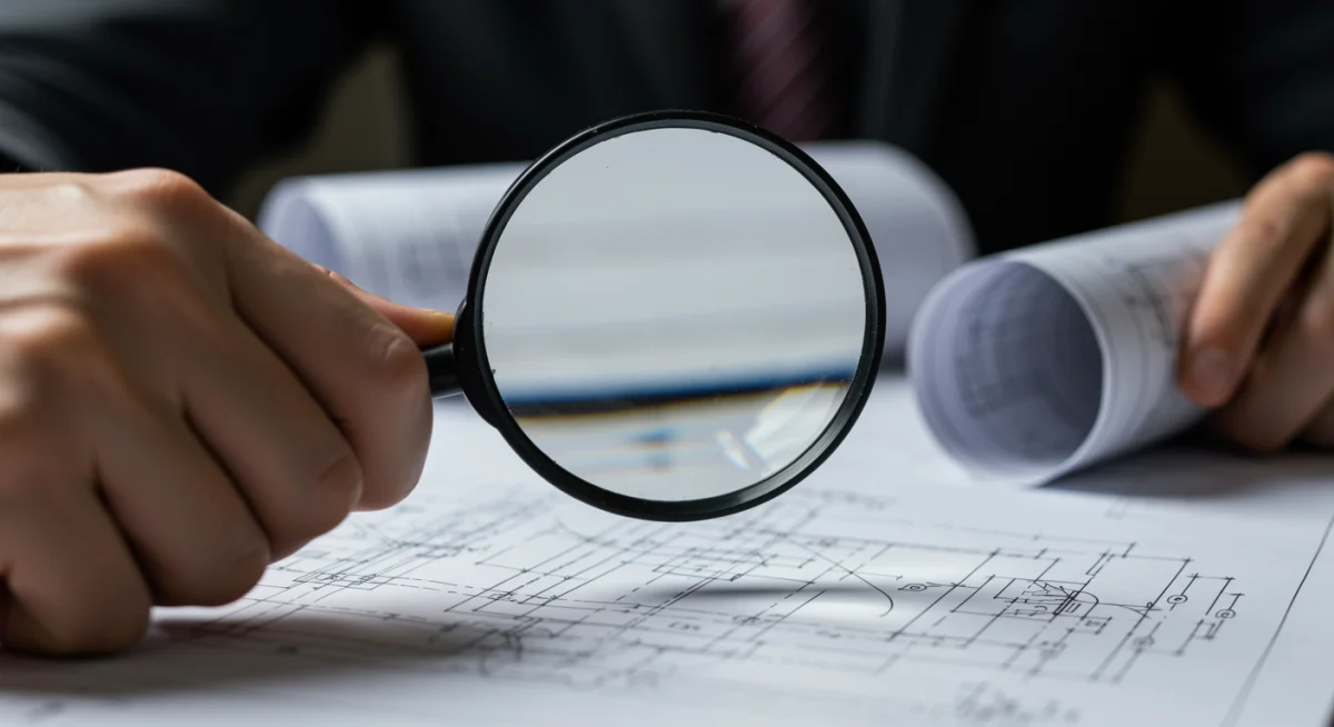 Hand with magnifying glass over blueprint, symbolizing detailed IP strategy.