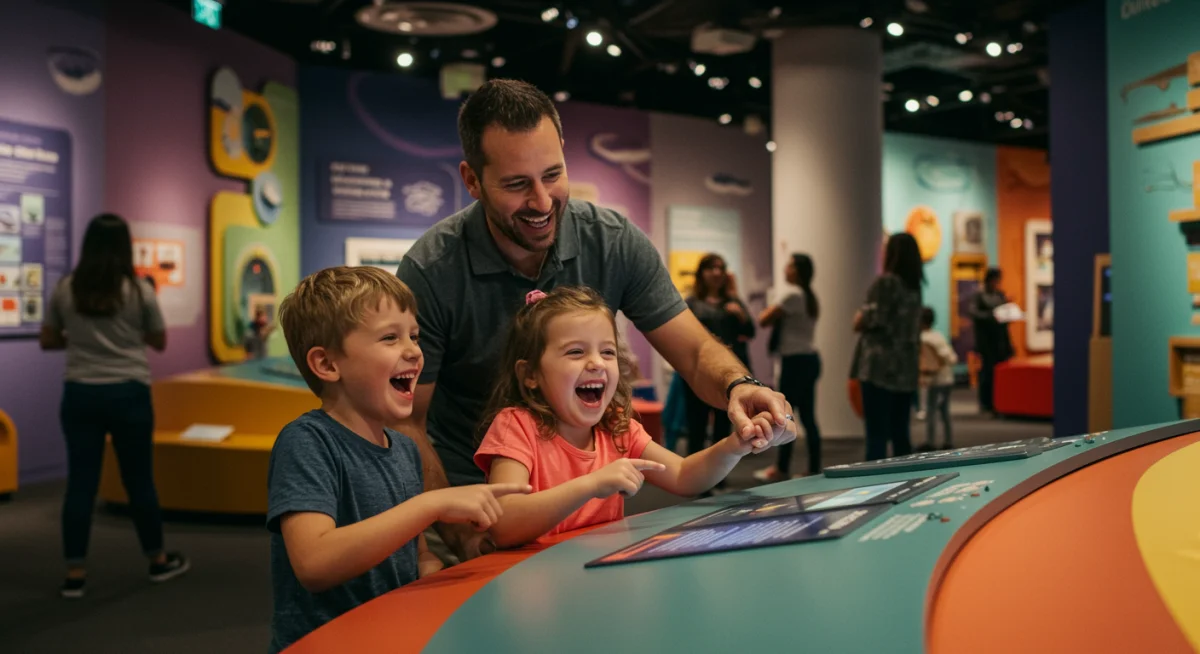 Family enjoying an interactive exhibit at a children's museum, highlighting educational city experiences.