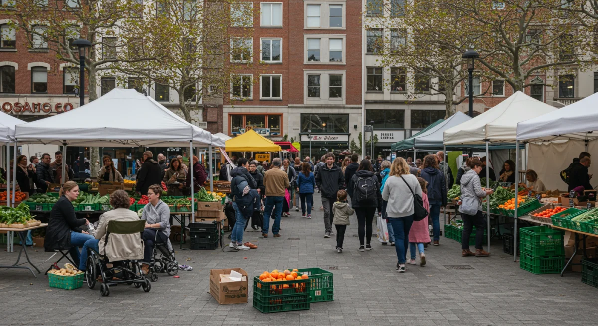 People shopping at a vibrant local farmers' market in a city
