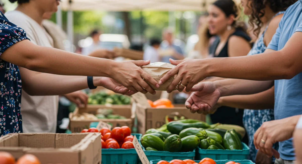 Hands exchanging goods at a lively local farmers market, symbolizing authentic community engagement.