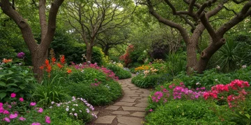 Lush secret garden path with colorful exotic flowers and ancient trees.