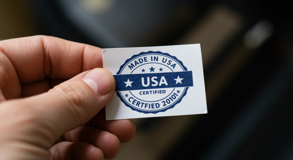 Close-up of a product label featuring a prominent 'Made in USA Certified' seal, emphasizing authenticity and consumer trust.