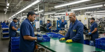 American factory workers collaborating on a modern assembly line, symbolizing Made in USA sourcing efficiency.