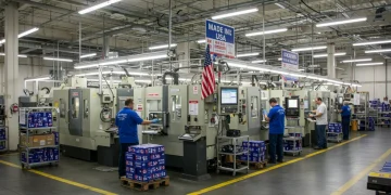 Made in USA 2025: Economic Outlook & Key Forecasts Modern factory with 'Made in USA' products, symbolizing innovation and domestic production strength.